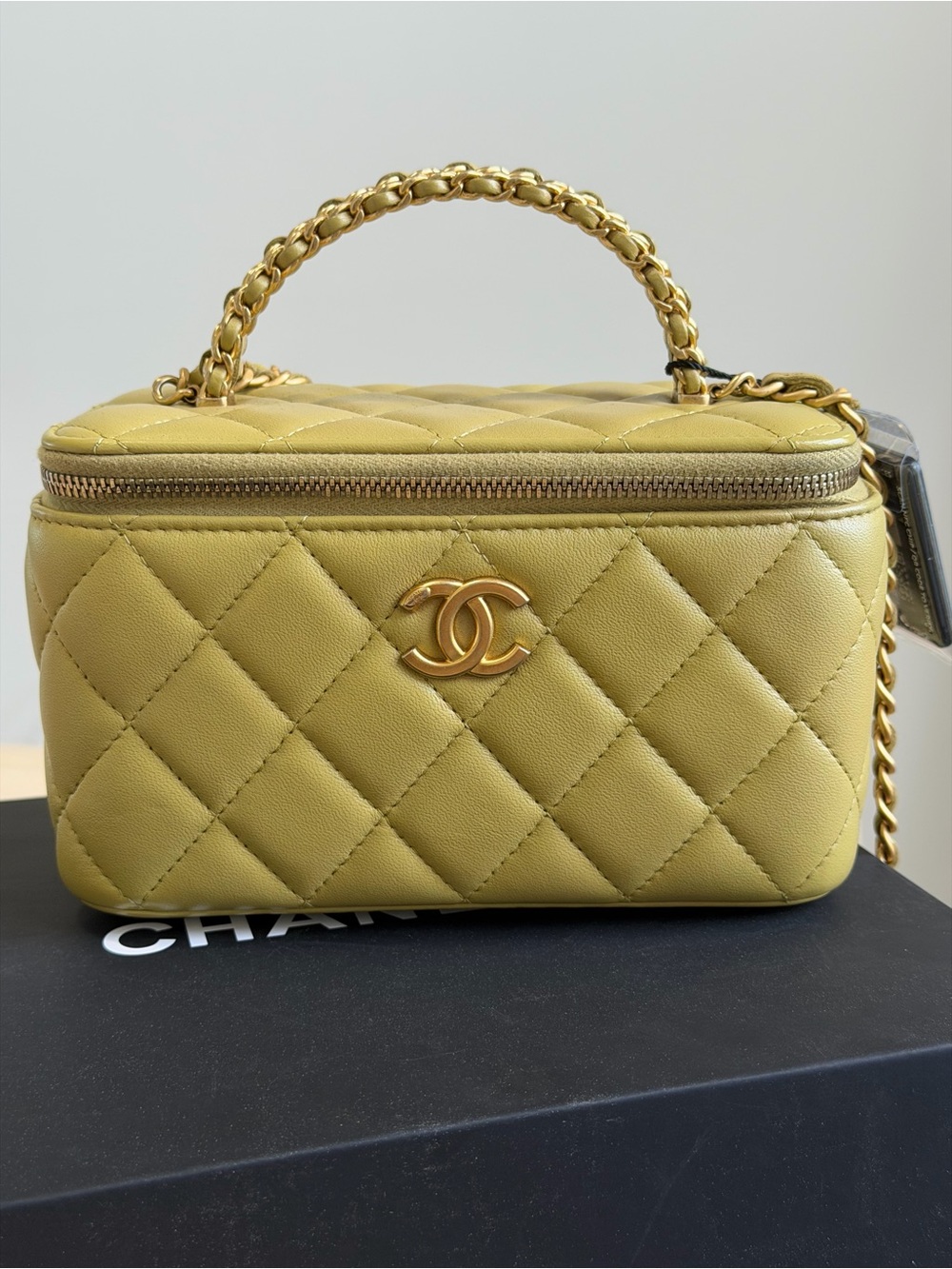 CHANEL Lambskin Pick Me Up Top Vanity Bag in Olive Green with Gold Hardware